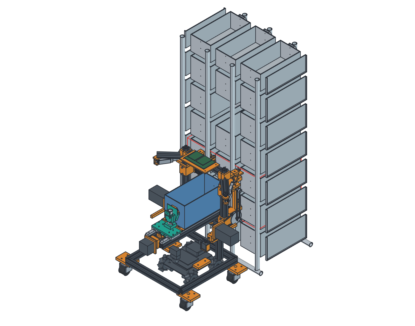 CAD render of the mobile sorting robot beside its storage rack.